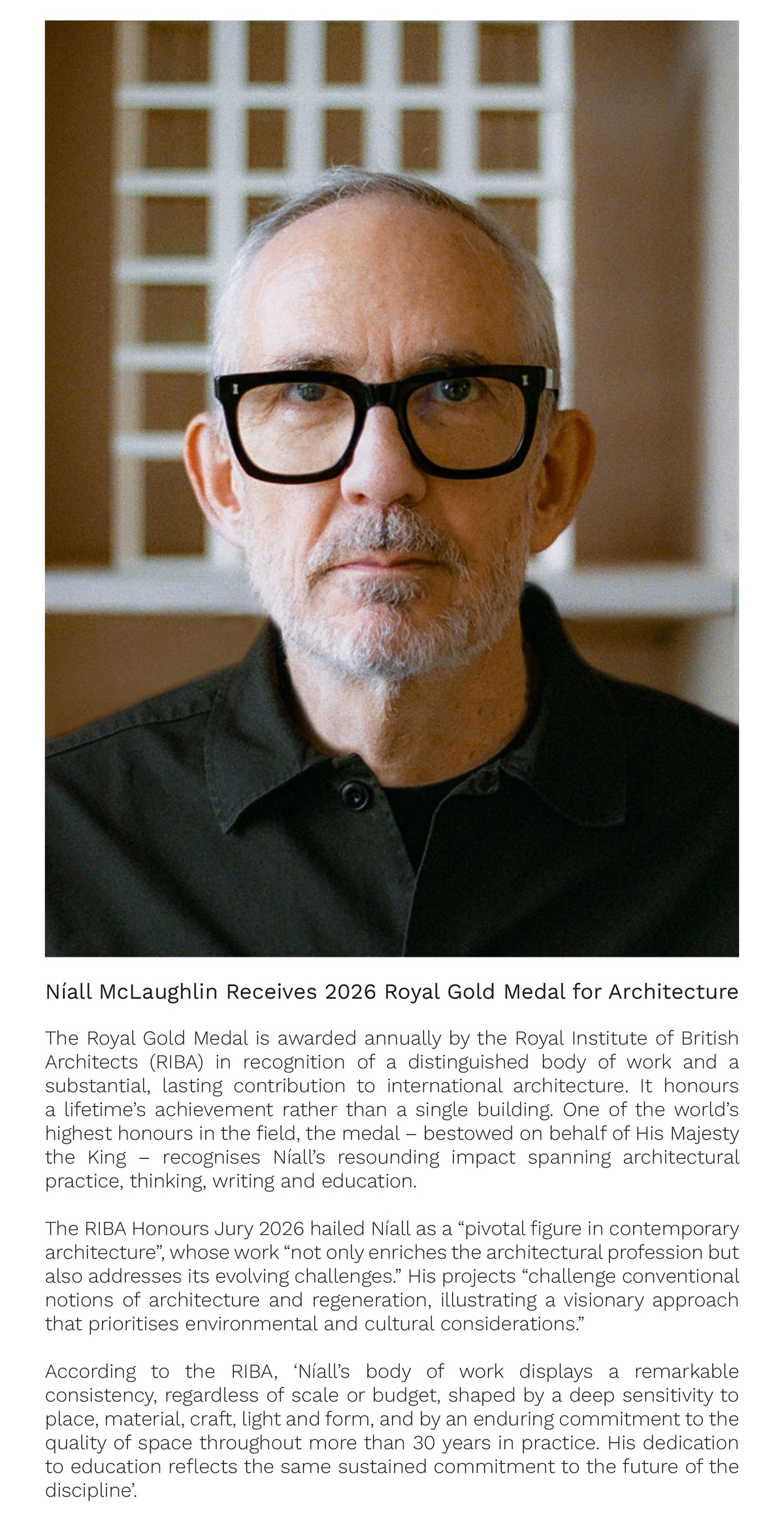 Níall McLaughlin Receives 2026 Royal Gold Medal for Architecture
