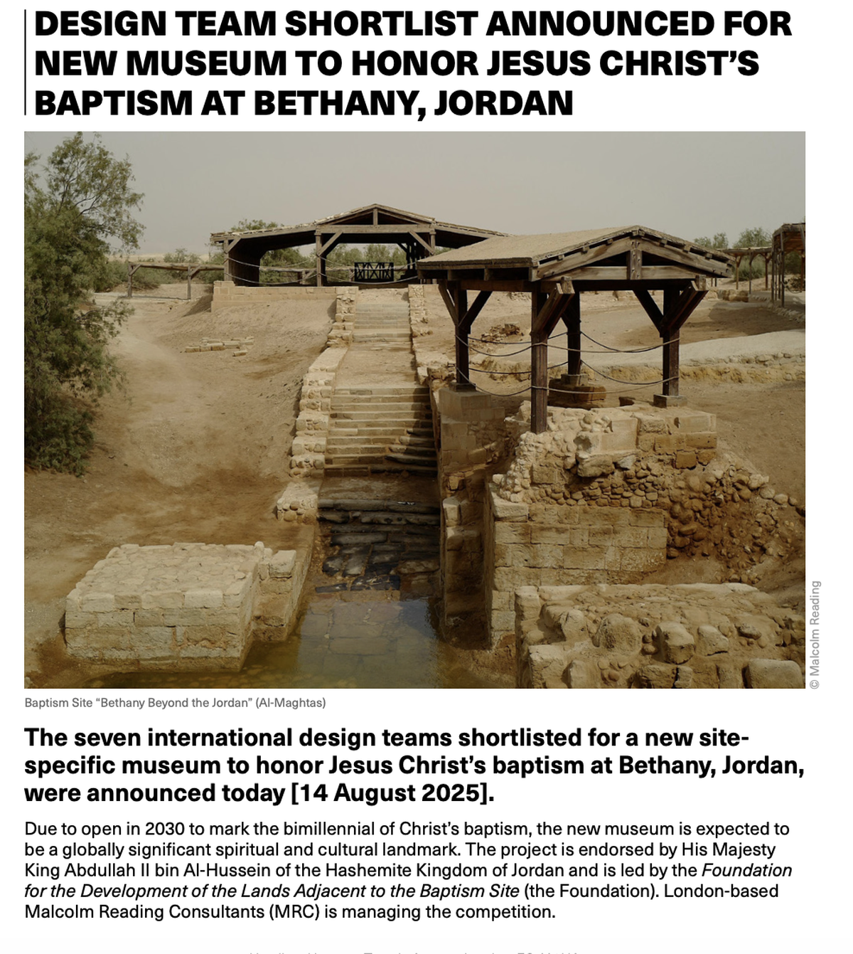 NMLA shortlisted for NEW MUSEUM TO HONOR JESUS CHRIST’S BAPTISM AT BETHANY, JORDAN